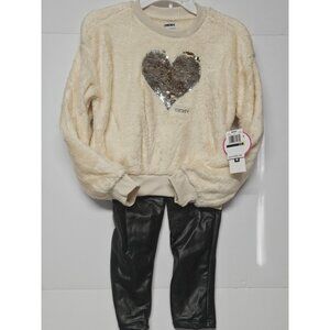 DKNY Girls Size 6X 2 Pc Outfit, Sparkling‎ Flipping Sequins Sweater/ Black Pants